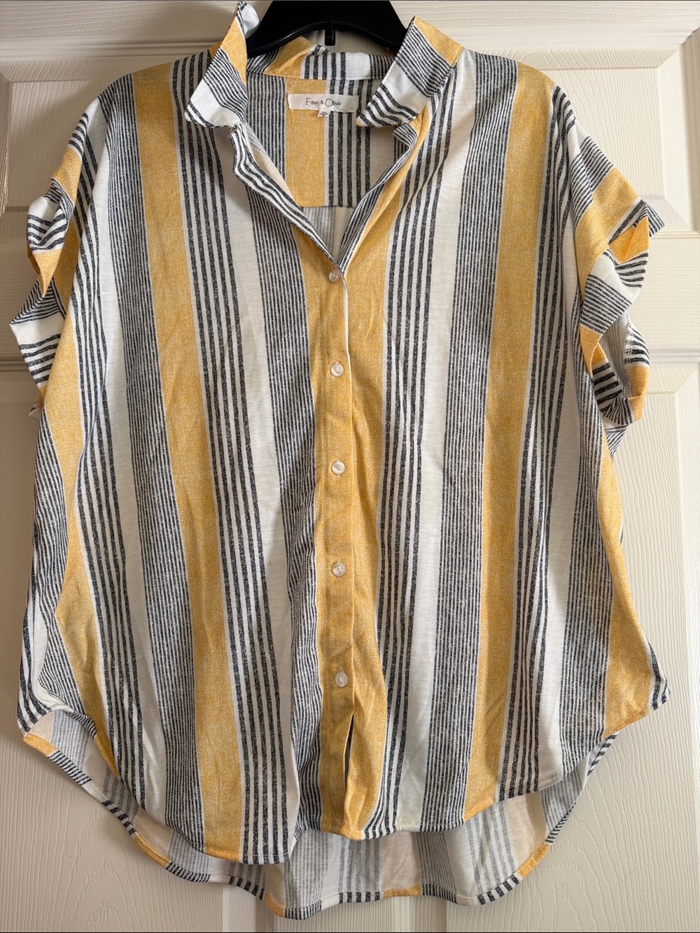 Eden & Olivia Yellow White Black Striped Button-Up Blouse